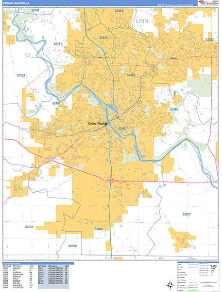 Cedar Rapids City Wall Map Basic Style